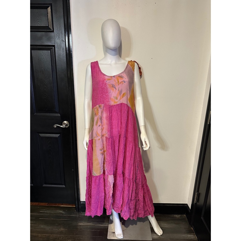 Kantha Bae Pink Patchwork Maxi Dress Tie Shoulder Boho
